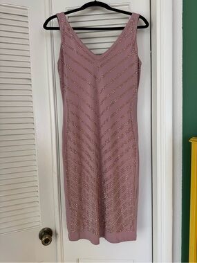 Carmen Marc Valvo Rose Pink Beaded V-Neck Sheath Dress - Size Medium